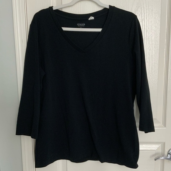 CHICO'S True Color Tee V-Neck T-Shirt Top Black 3/4 Sleeves Cotton Size 3 - Picture 6 of 6